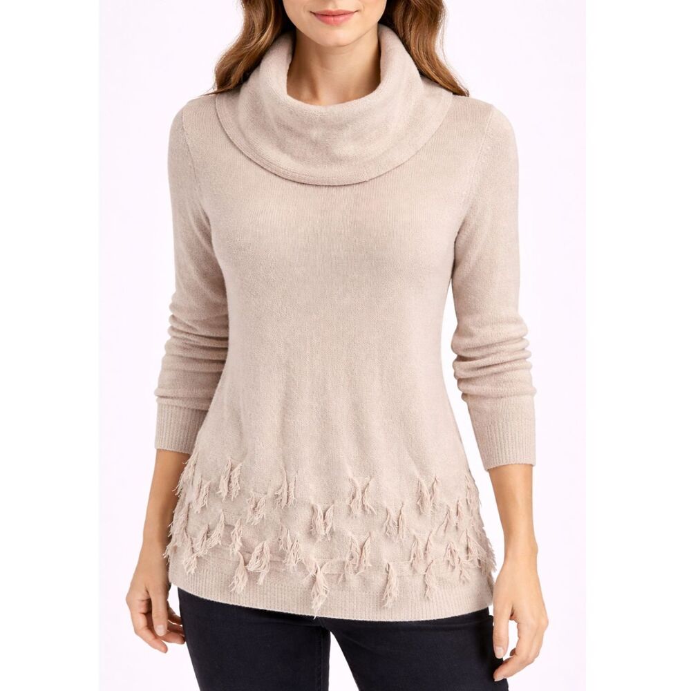 Harper Lane Long Sleeve Cowl Neck Fringe Accent Sweater Blush S